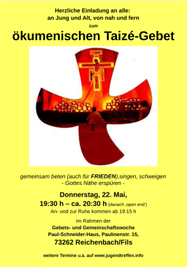 ökumenisches Taizé-Gebet im Rahmen der Gebets- und Begegnungswoche, besonderer Gottesdienst, Reichenbach an der Fils, Baden-Württemberg