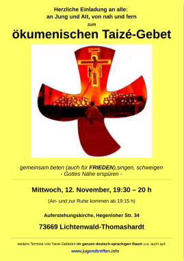 ökumenisches Taizé-Gebet, besonderer Gottesdienst, Lichtenwald, Baden-Württemberg